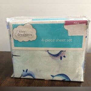 Tiny dreamers 4Pcs  sheet  Set narwhal  unicorn waves graphic green mint.Full